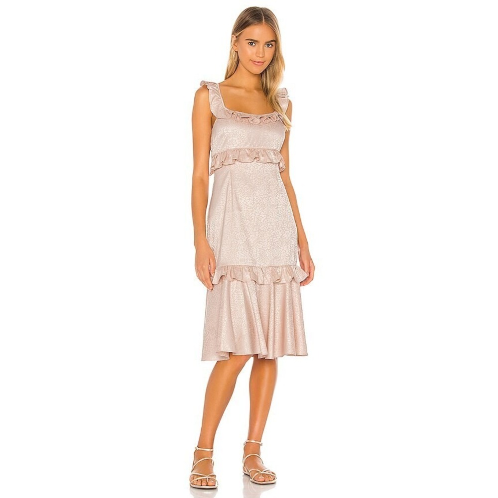Saylor Dress Pink Maxina Jacquard Sleeveless Ruffles Tiered V-Back Midi Size M